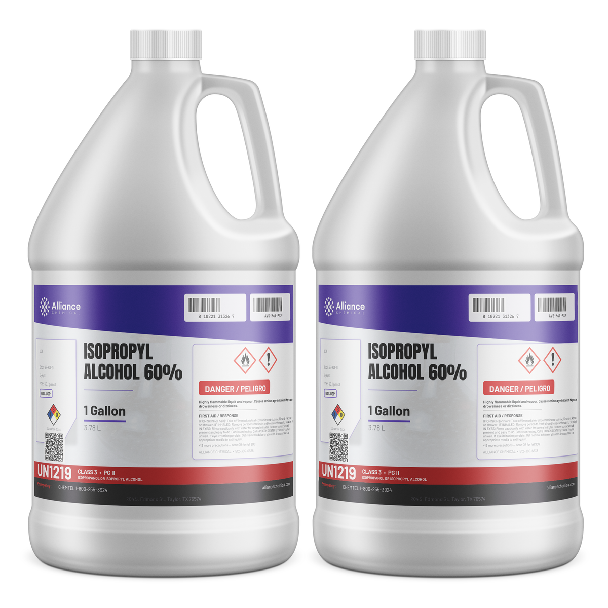 Isopropyl Alcohol 60% USP Grade in two 1-gallon plastic jugs from Alliance Chemical