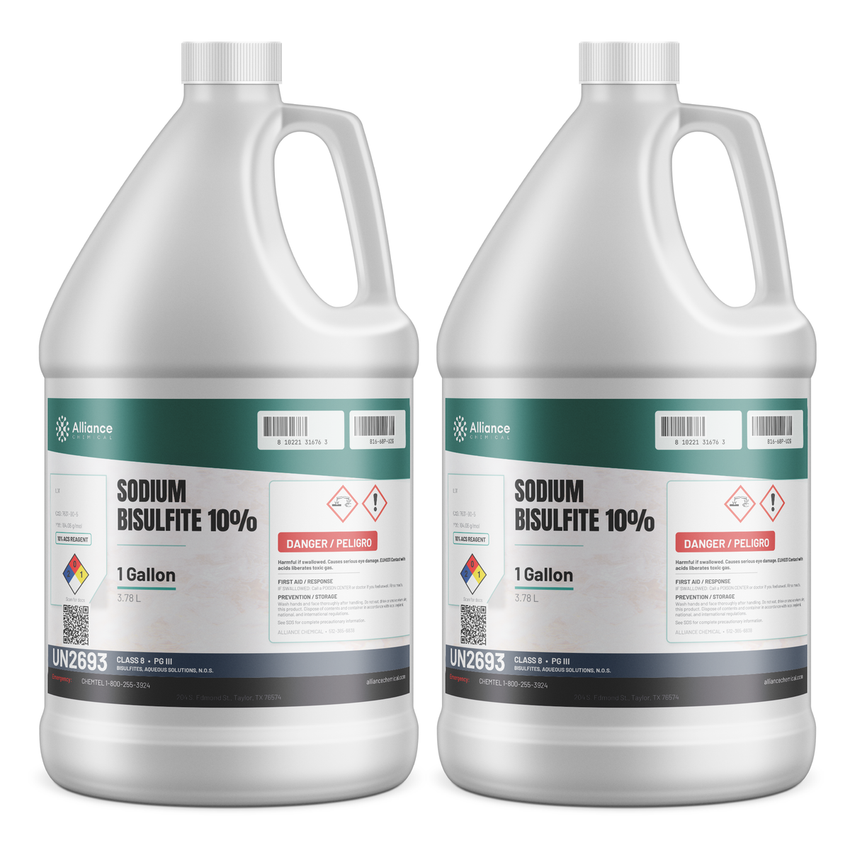 Sodium Bisulfite 10% ACS Reagent Grade solution in two 1-gallon white plastic jugs, Alliance Chemical