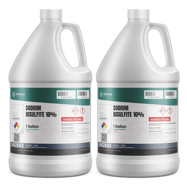 Sodium Bisulfite 10% ACS Reagent Grade solution in two 1-gallon white plastic jugs, Alliance Chemical