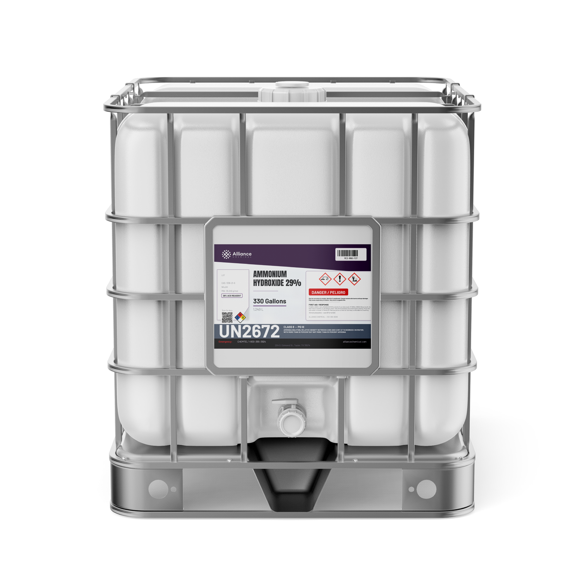 Ammonium Hydroxide 29% ACS Reagent grade in a 330-gallon IBC tote from Alliance Chemical for laboratory analysis