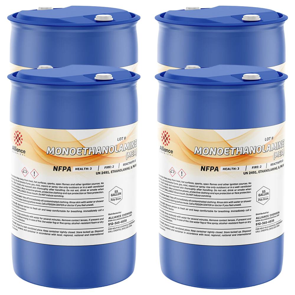 55-gallon blue poly drums of Monoethanolamine (MEA), NFPA health-3/fire-2 rating, UN2491 hazard class, with secure lid and safety warnings, 4-pack.