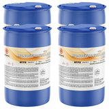 Four 55-gallon Alliance Chemical Monoethanolamine (MEA) blue poly drums with labels and sealed lids
