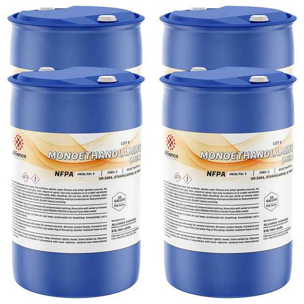 Four 55-gallon Alliance Chemical Monoethanolamine (MEA) blue poly drums with labels and sealed lids