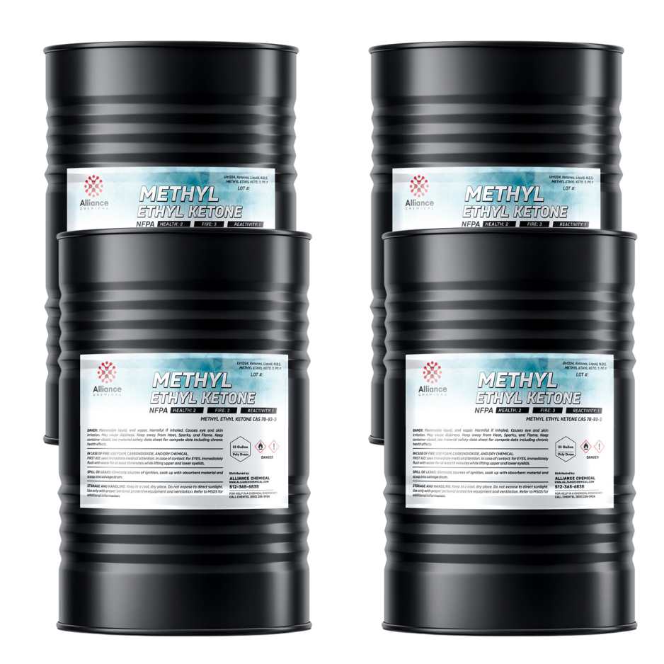 4x55-gallon drums of Methyl Ethyl Ketone (MEK) solvent from Alliance Chemical, black industrial barrels with NFPA labels and hazard warnings.