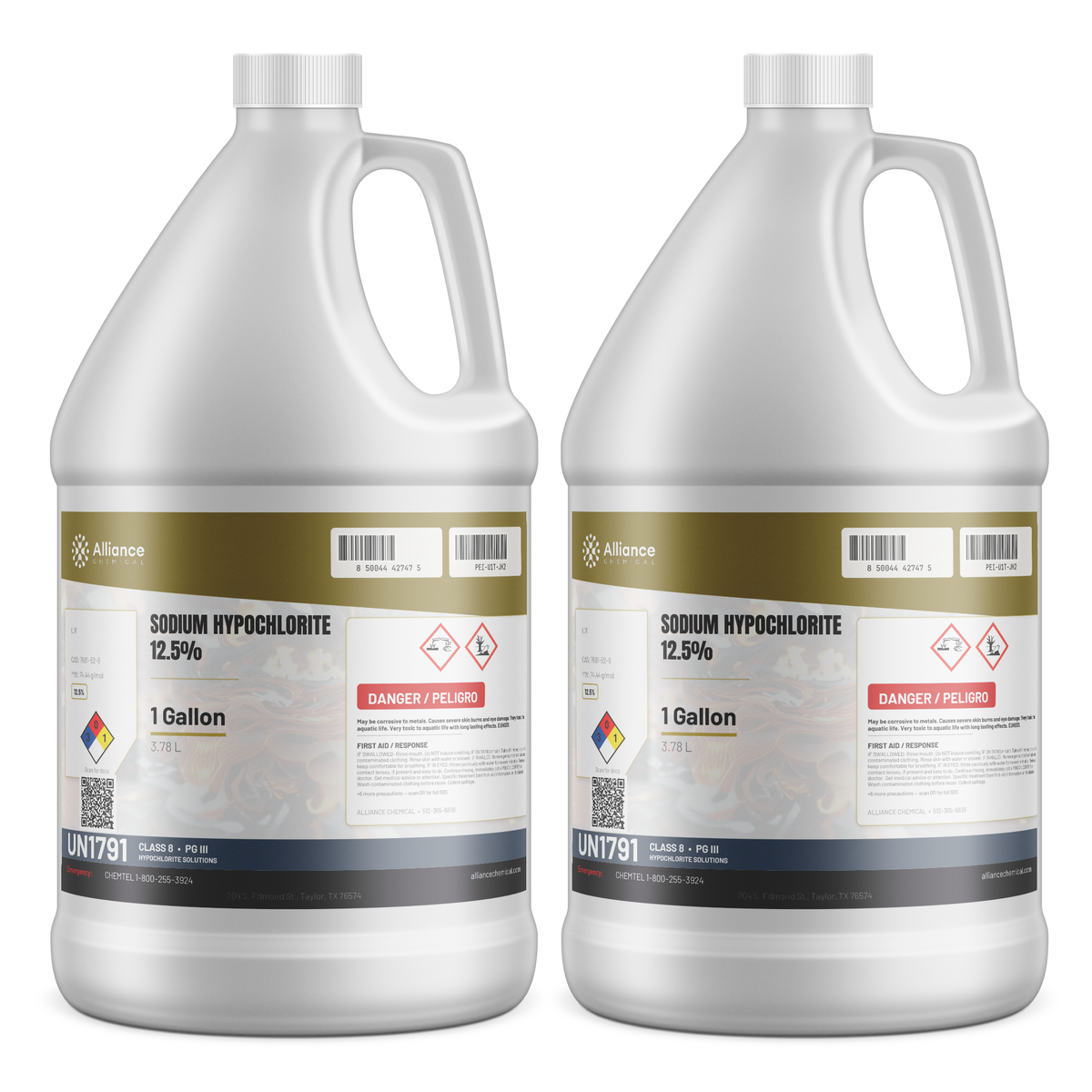 Sodium Hypochlorite 12.5% Water Treatment Grade in two 1-gallon jugs for wastewater treatment, Alliance Chemical