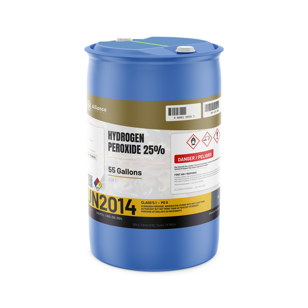 Hydrogen Peroxide 25% Technical Grade in a 55-gallon drum from Alliance Chemical for industrial wastewater treatment