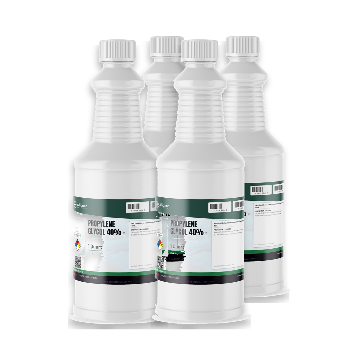 Propylene Glycol 40% Technical Grade in four 1-quart bottles from Alliance Chemical for heat-transfer systems