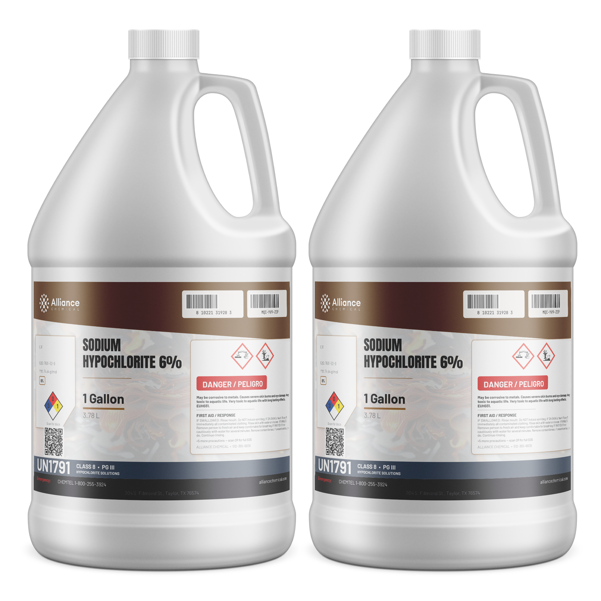 Sodium Hypochlorite 6% technical grade in two 1-gallon jugs from Alliance Chemical for pool maintenance