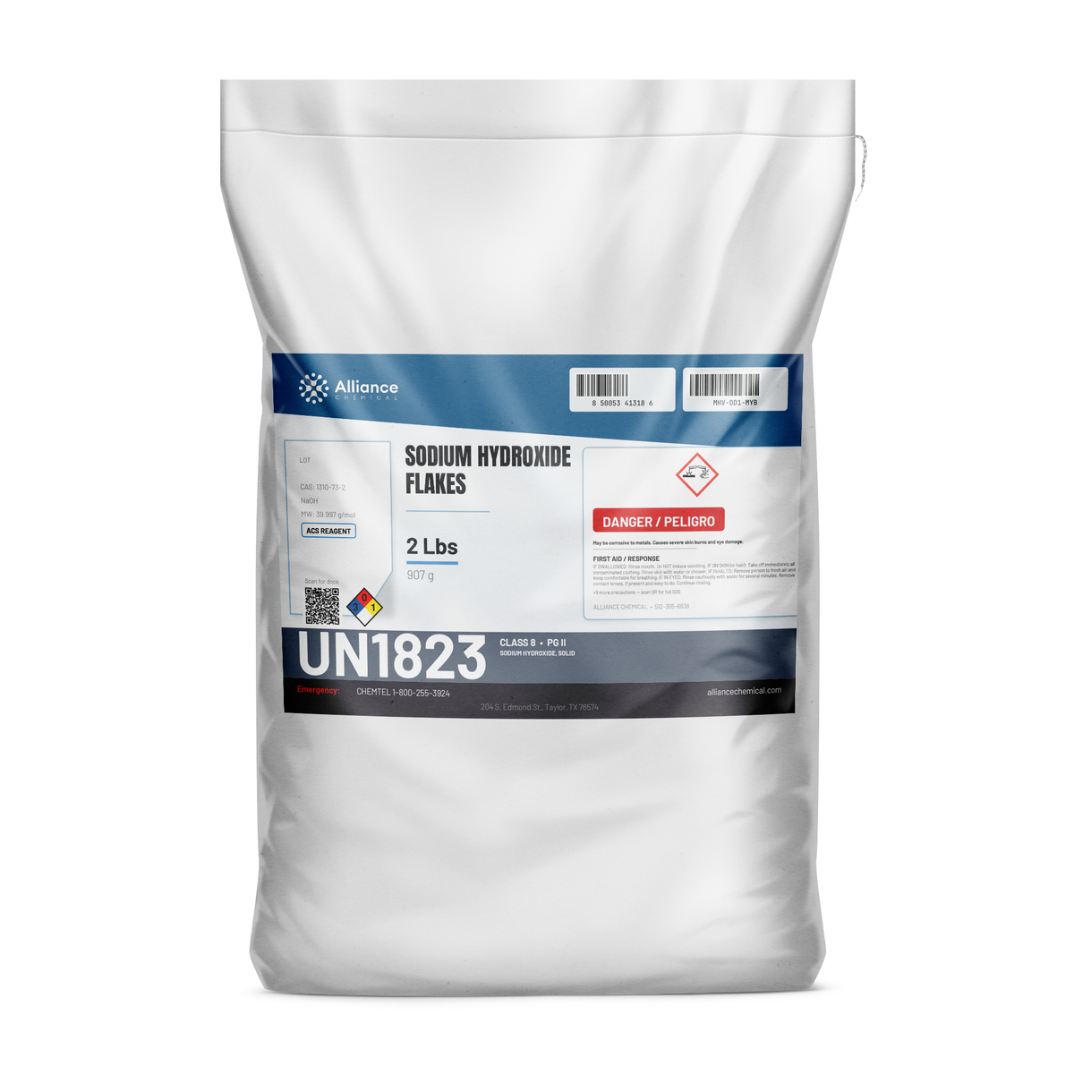 Sodium hydroxide flakes ACS reagent grade in a 2-lb bag, Alliance Chemical for laboratory synthesis and pH adjustment