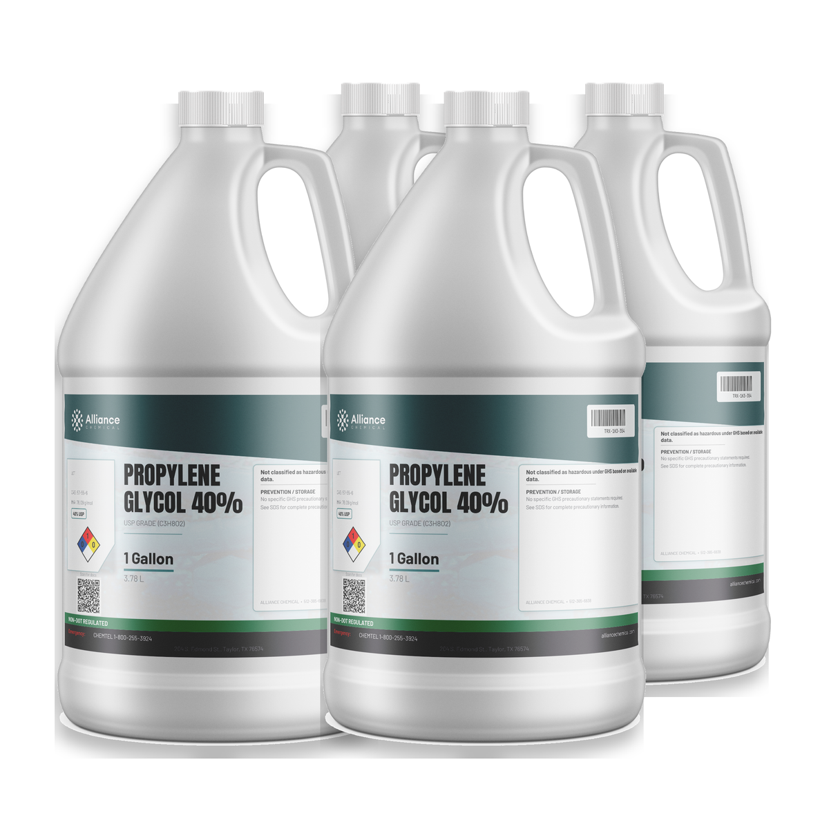 Propylene Glycol 40% USP Grade in four 1-gallon plastic jugs, Alliance Chemical for freeze protection