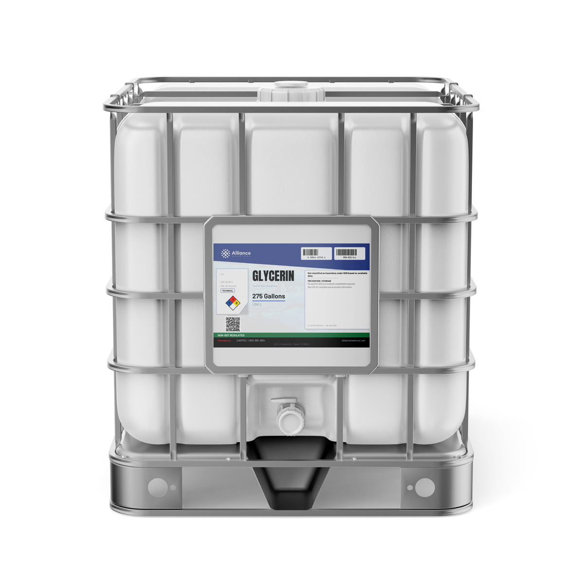 Glycerin 100% Technical Grade in a 275-gallon caged HDPE IBC tote from Alliance Chemical