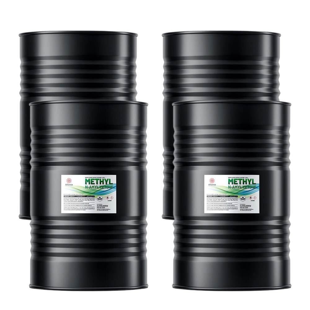 200L black steel drums of Methyl N-Amyl Ketone (MNAK), industrial-grade solvent with GHS safety labels, ribbed design, 4-drum configuration.