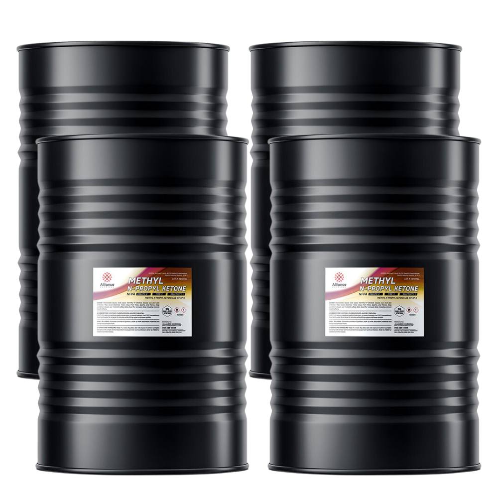 4x55 gallon black steel drums of Methyl N-Propyl Ketone (MPK), industrial-grade solvent with flammable/hazardous material warning labels, manufactured by Alliance Chemicals.