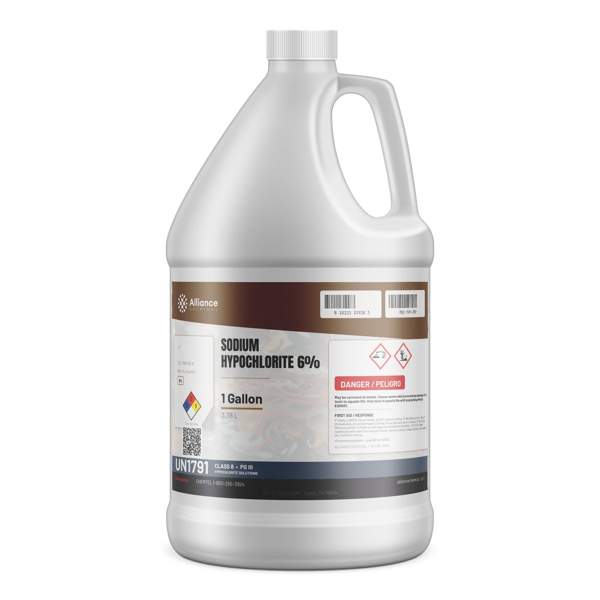 Sodium Hypochlorite 6% technical grade solution in a 1-gallon plastic jug by Alliance Chemical