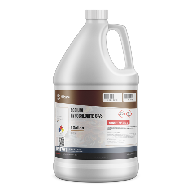 Sodium Hypochlorite 6% technical grade solution in a 1-gallon plastic jug by Alliance Chemical