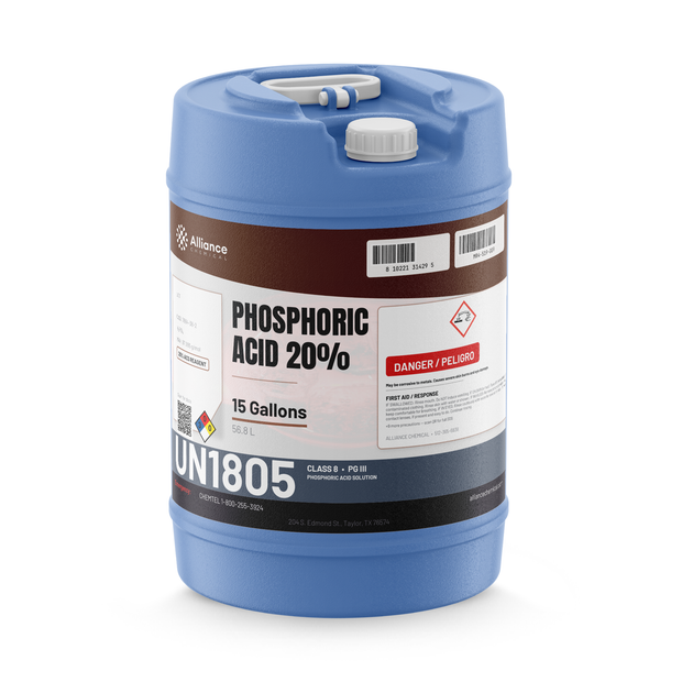 Phosphoric Acid 20% ACS Reagent Grade in a blue 15-gallon plastic carboy, Alliance Chemical