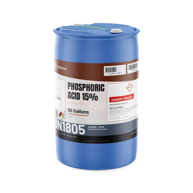 Phosphoric Acid 15% Food Grade in a 55-gallon blue drum for food and beverage processing, Alliance Chemical