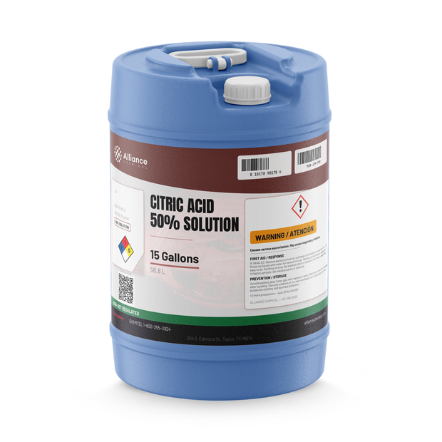 Citric Acid 50% solution in a 15-gallon blue carboy for industrial descaling, Alliance Chemical