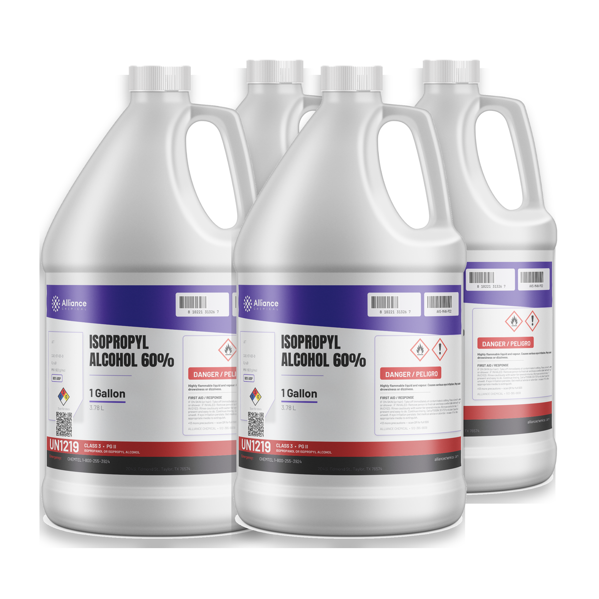 Isopropyl Alcohol 60% USP Grade in four 1-gallon white plastic jugs, Alliance Chemical