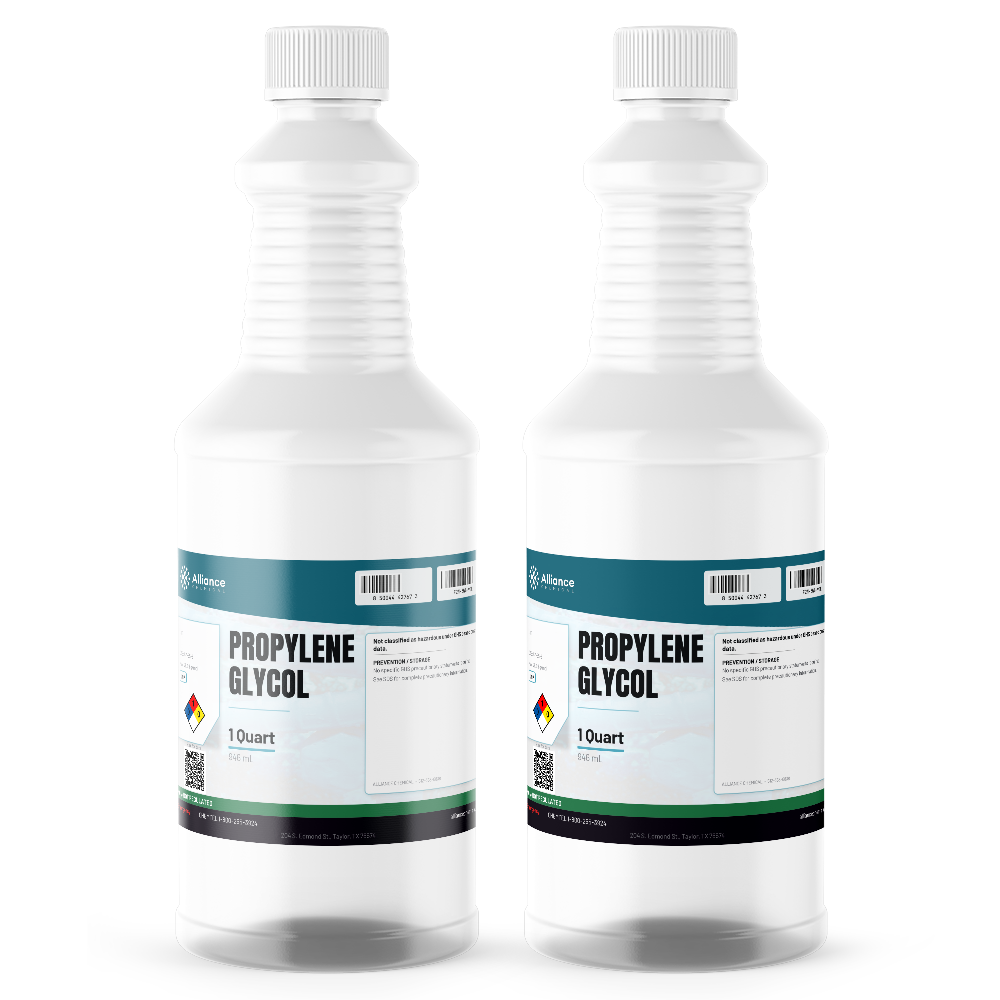 Propylene Glycol USP Grade in two 1-quart plastic bottles, Alliance Chemical for humectant and heat-transfer applications