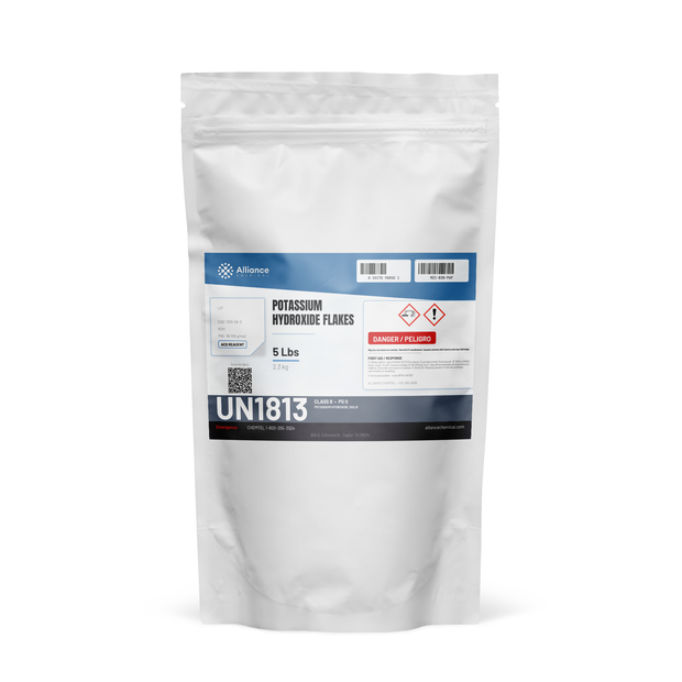 Potassium hydroxide flakes ACS reagent grade 5-lb resealable pouch, Alliance Chemical