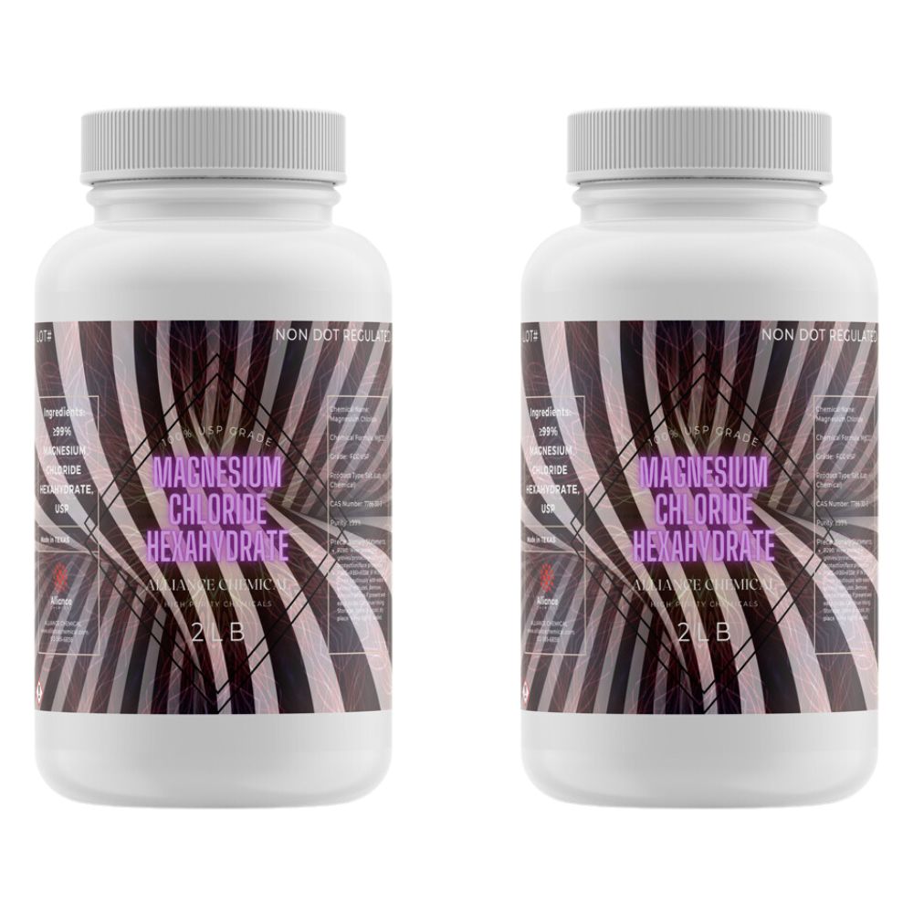 Two 2 l plastic bottles of Alliance Chemical Magnesium Chloride Hexahydrate FCC, USP GRADE with labels and white caps