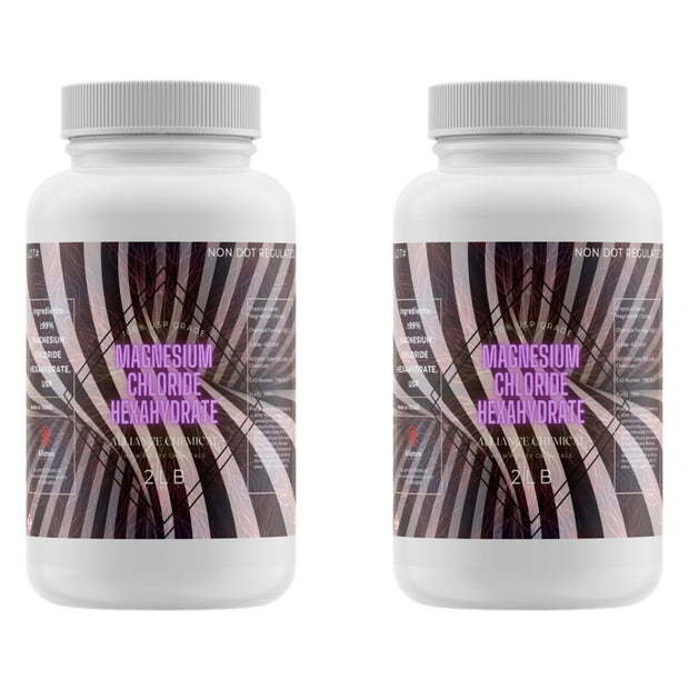 Two 2 l plastic bottles of Alliance Chemical Magnesium Chloride Hexahydrate FCC, USP GRADE with labels and white caps