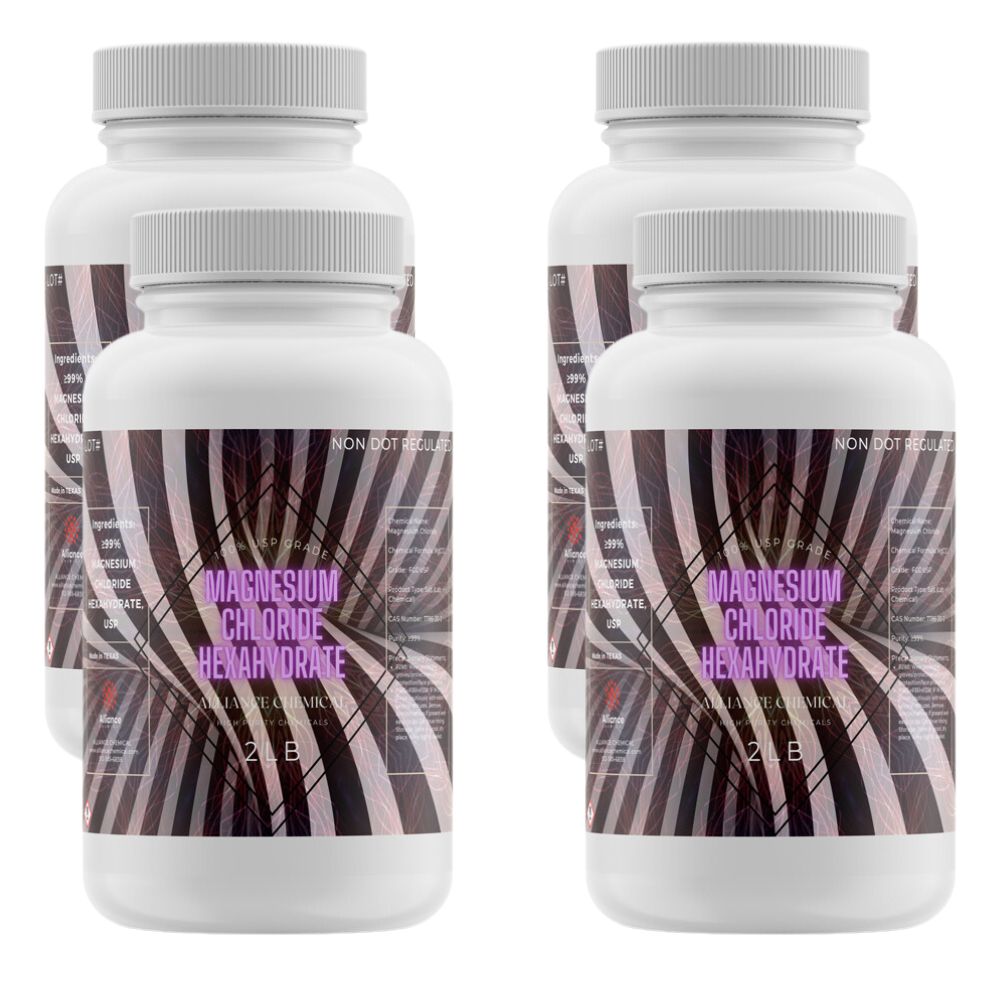 2 LB white HDPE bottles of USP-grade Magnesium Chloride Hexahydrate with purple-accented abstract label design and ribbed safety caps.