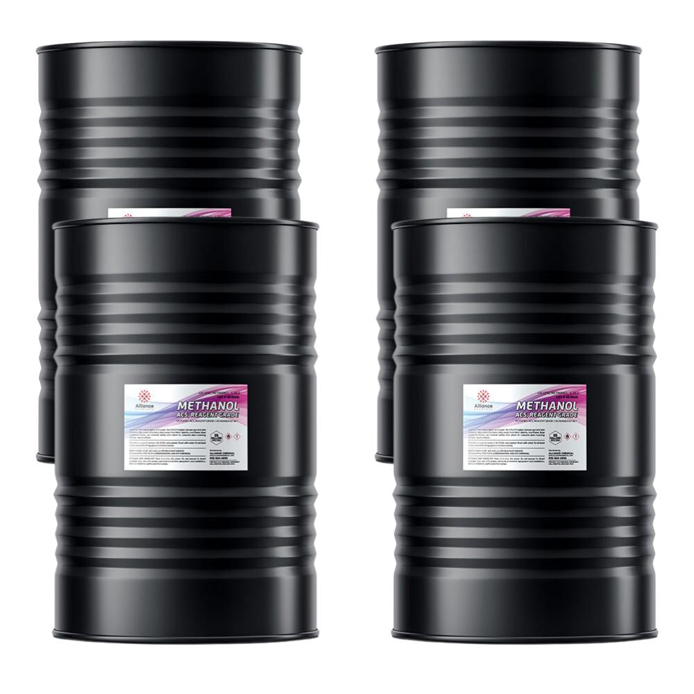 Four steel 55-gallon drums of Alliance Chemical Methanol ACS Reagent Grade with labels.