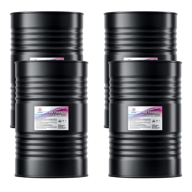Four steel 55-gallon drums of Alliance Chemical Methanol ACS Reagent Grade with labels.