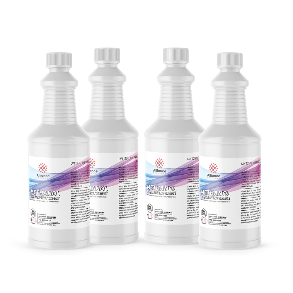 32 fl oz white HDPE bottles of ACS Reagent Grade Methanol (UN1230) with Alliance Chemical branding, safety warnings and purple wave design.