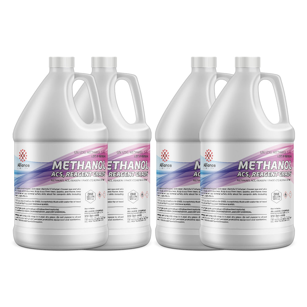 1-gallon HDPE jugs of Alliance Chemical Methanol ACS Reagent Grade, UN1230-classified, with hazard warnings and blue-purple gradient labeling, 4-pack.