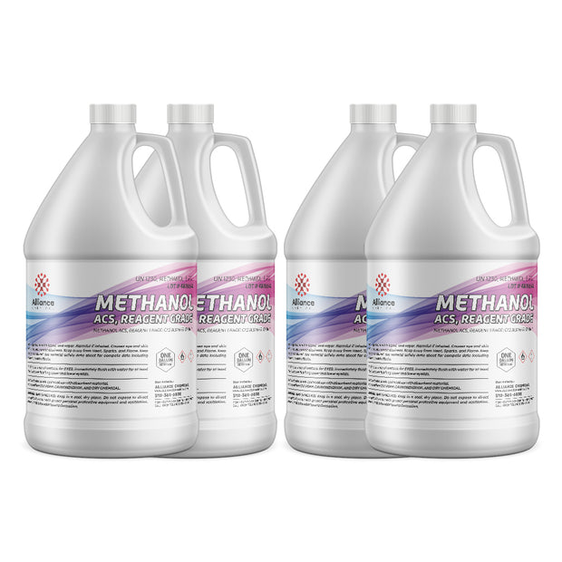 1-gallon HDPE jugs of Alliance Chemical Methanol ACS Reagent Grade, UN1230-classified 4-pack