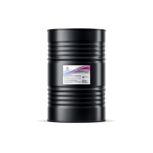 Alliance Chemical 55-gallon black steel drum of ACS reagent-grade methanol with safety labeling, ribbed design, and chemical