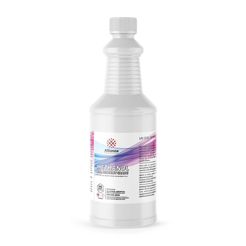 Quart bottle of ACS reagent-grade methanol in ribbed HDPE container Alliance Chemical branding, UN1230 marking
