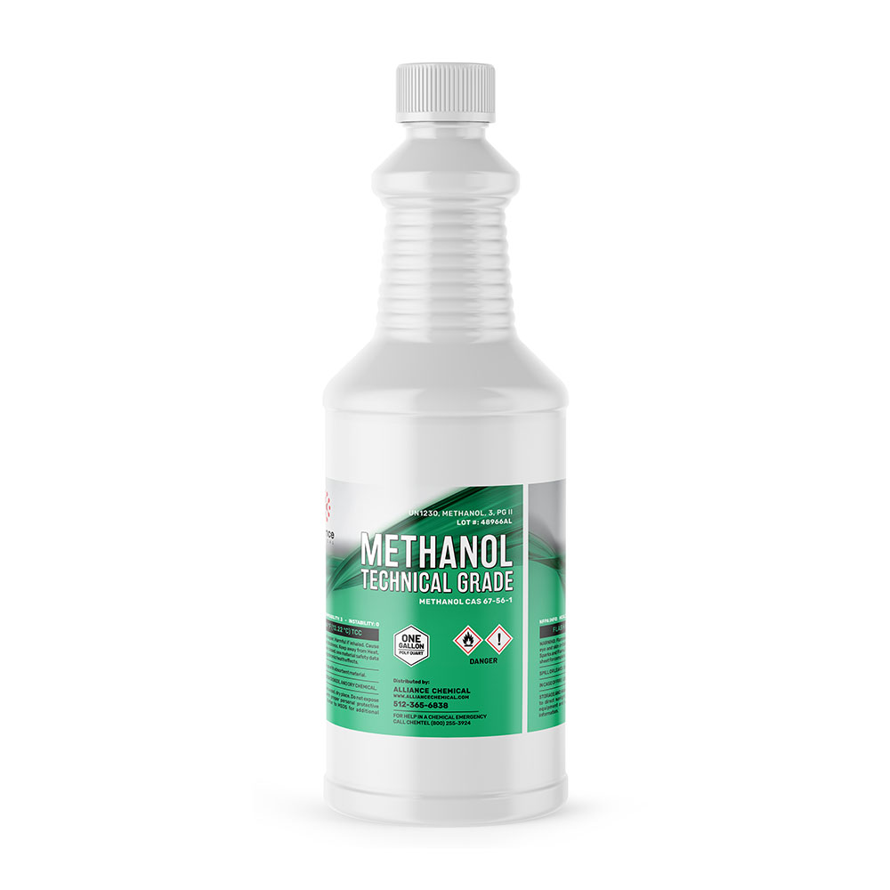 1-quart white HDPE bottle of technical-grade methanol with green label, flammable/danger symbols, and ribbed safety cap by Alliance Chemical.