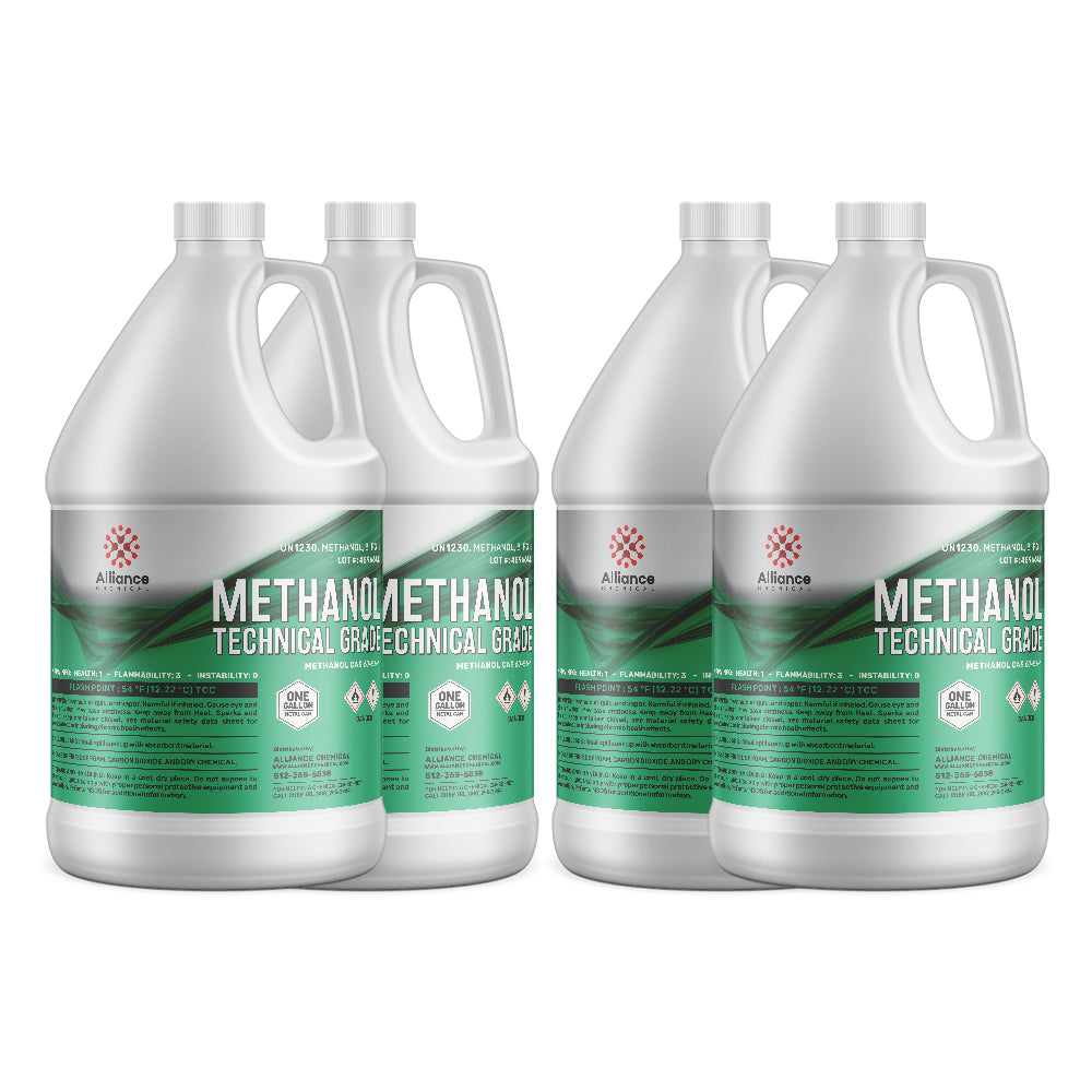 1-gallon HDPE jugs of technical-grade methanol solvent by Alliance Chemical, featuring green labels, hazmat symbols, and safety warnings (4-pack).