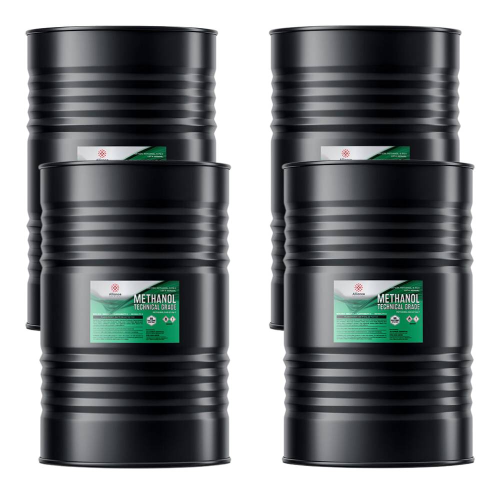 Four 55-gallon steel drums of Alliance Chemical Methanol Technical Grade with labels and ribbed exteriors