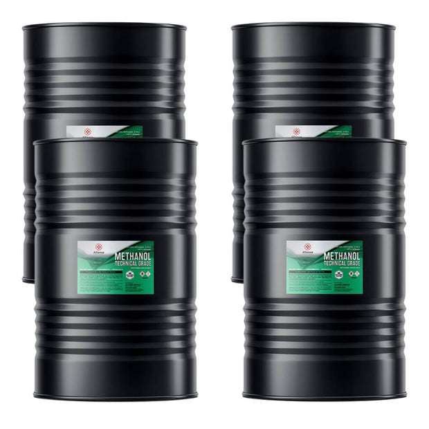Four 55-gallon steel drums of Alliance Chemical Methanol Technical Grade with labels and ribbed exteriors