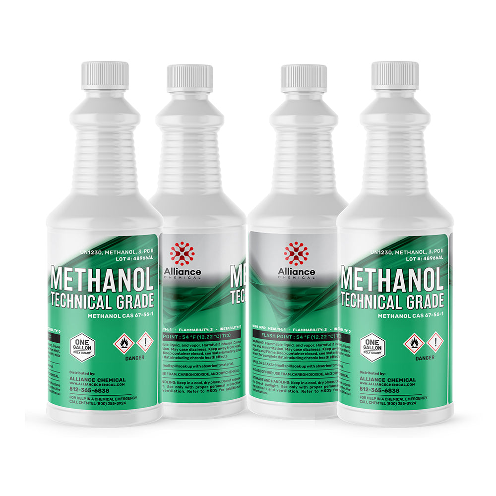 1-gallon Technical Grade Methanol in white HDPE bottles with green labels, UN1230 classification, flammability warning symbols, CAS 67-56-1.