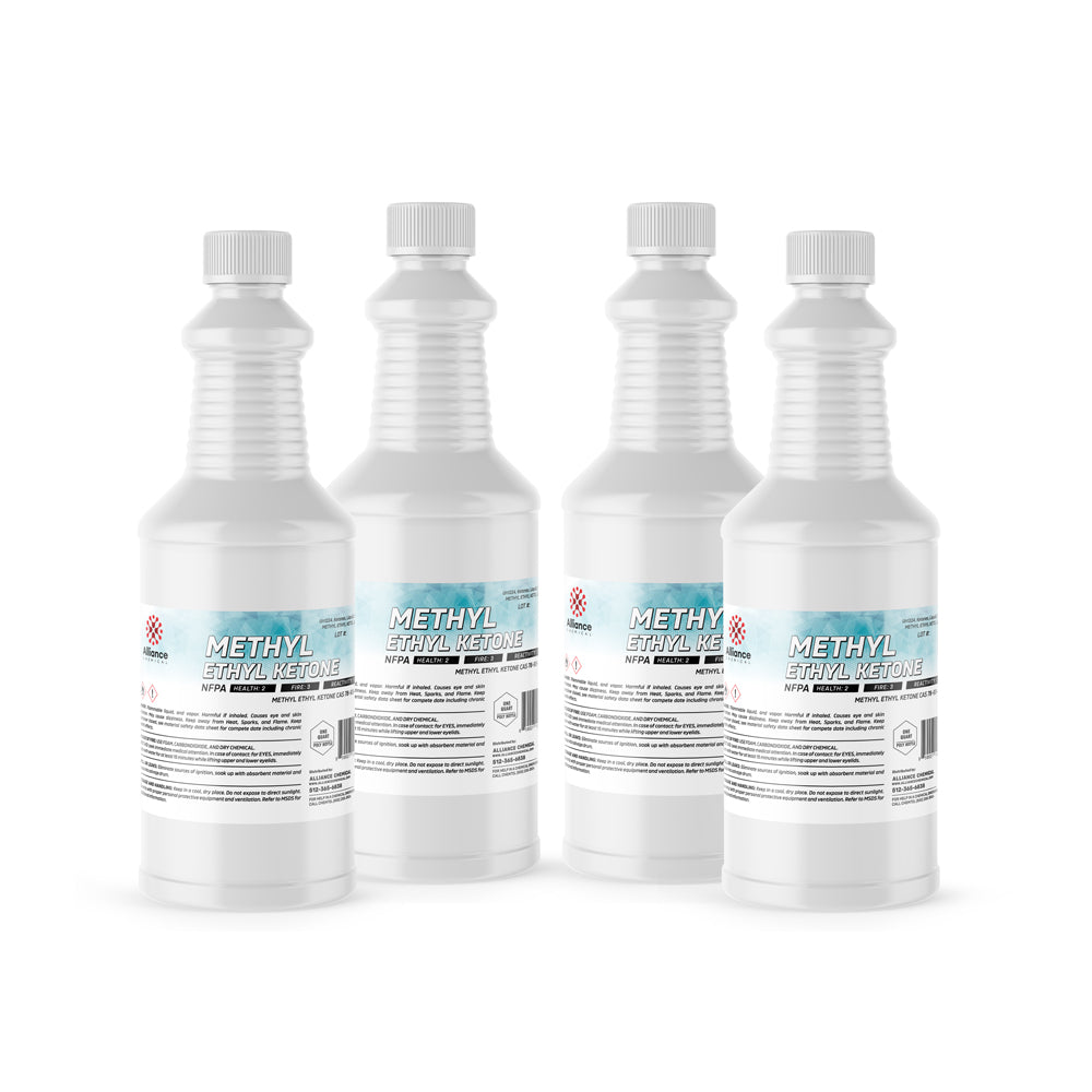 32 oz white HDPE bottles of Methyl Ethyl Ketone (MEK) industrial solvent with NFPA diamond, safety labeling and ribbed design closure caps.