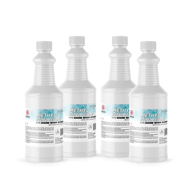 Four 1-quart plastic bottles of Alliance Chemical Methyl Ethyl Ketone with white screw caps and product labels.