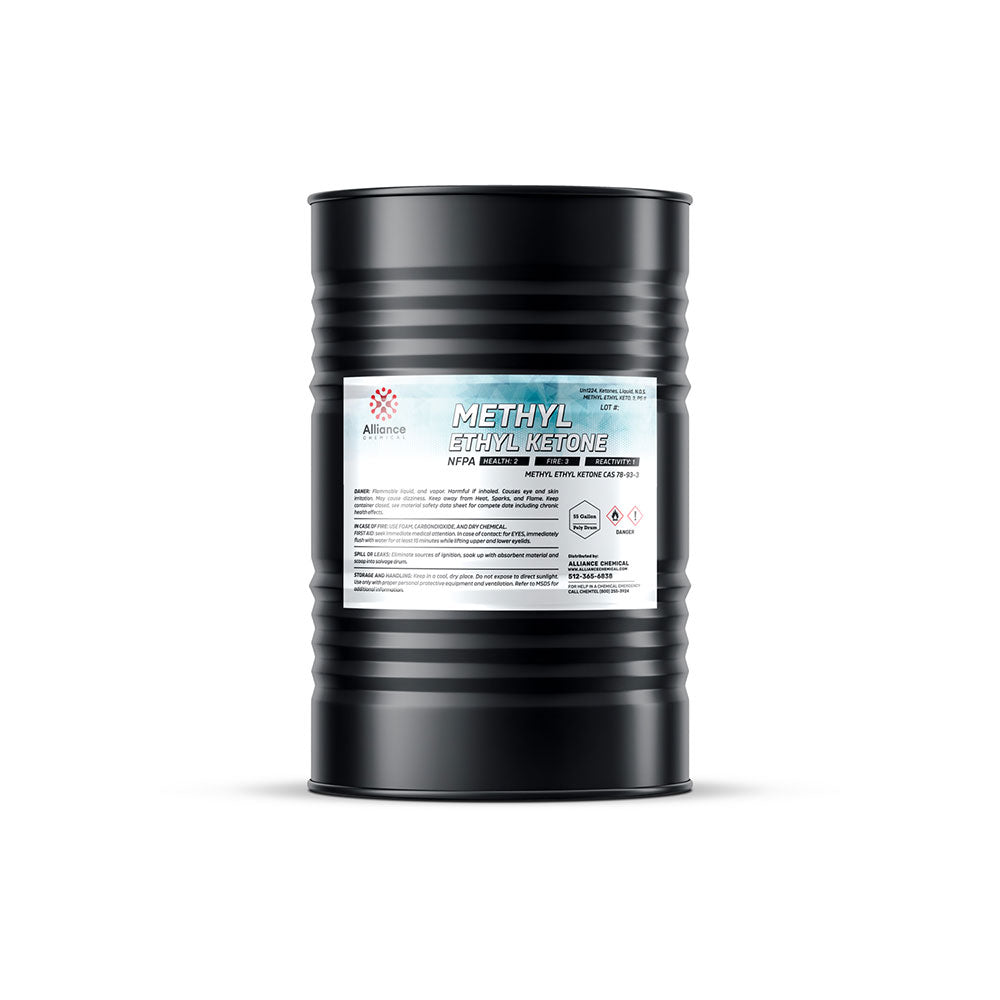 55-gallon black steel drum of Methyl Ethyl Ketone (MEK) industrial solvent with NFPA hazard label, Alliance Chemical branding, safety warnings.
