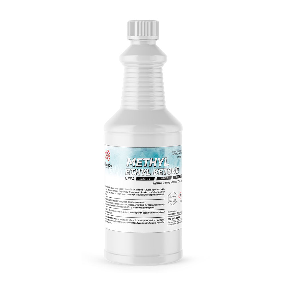 Quart-size white HDPE bottle of Methyl Ethyl Ketone (MEK) industrial solvent with NFPA safety labels and ribbed grip design.