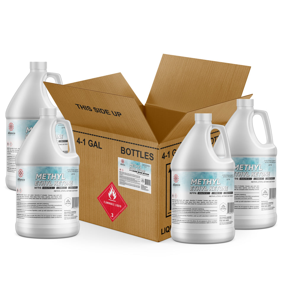Four 1-gallon HDPE jugs of Alliance Chemical Methyl Ethyl Ketone with white caps and product labels, in a cardboard box.