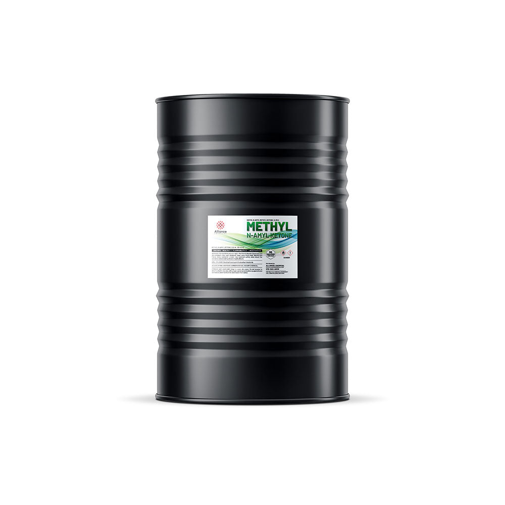 55-gallon black steel drum of industrial methyl n-amyl ketone (MNAK) solvent with safety data label and ribbed sidewall design.