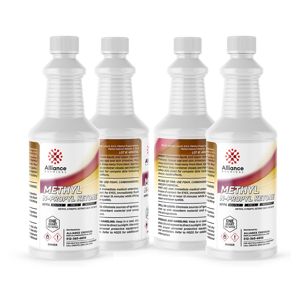 32 oz bottles of Methyl N-Propyl Ketone (MPK) by Alliance Chemical in white HDPE containers with safety warnings and UN1193 hazard symbols.