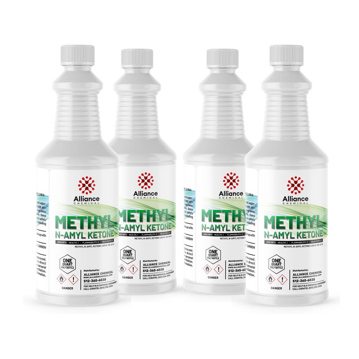 Alliance Chemical 1-quart bottles of Methyl N-Amyl Ketone (MNAK) in HDPE containers with safety caps, flammability warnings