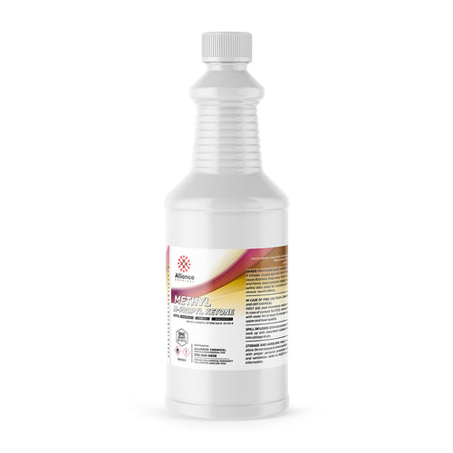 Quart bottle of Methyl N-Propyl Ketone (MPK) industrial solvent in HDPE container with Alliance Chemical label