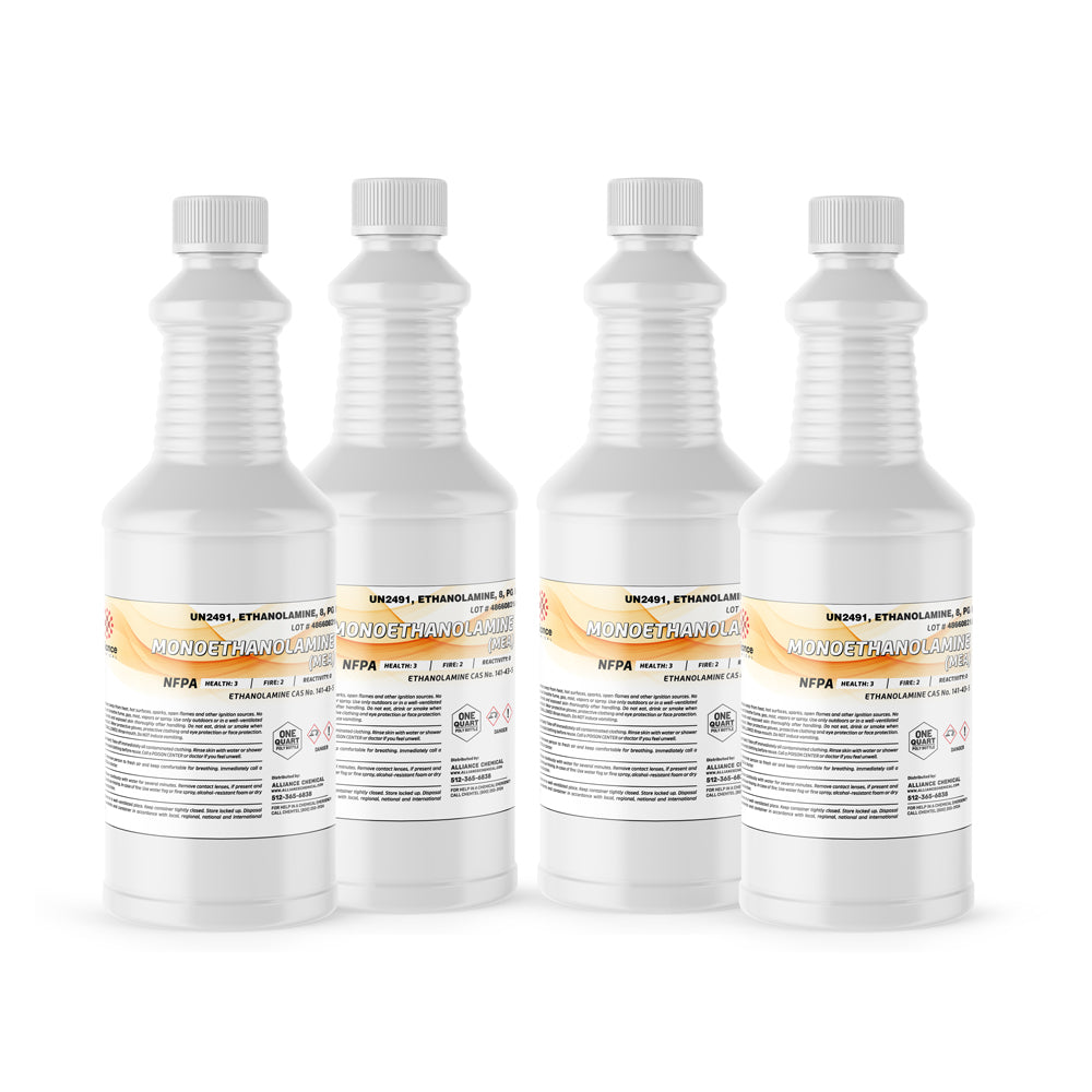 32 oz bottles of Monoethanolamine MEA (UN2491) in white HDPE containers with NFPA safety labels, Health-3 Fire-2 hazard indicators.